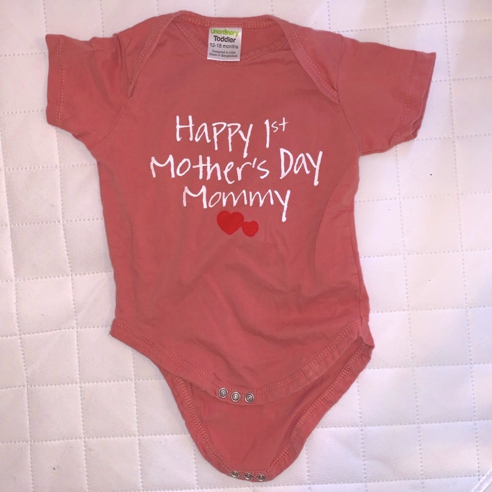 First Mother’s Day baby onesie neutral unisex coral color